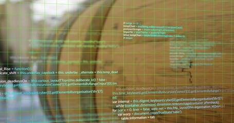 Displaying floating transparent coding interface overlay at desk, with green grid and code snippets