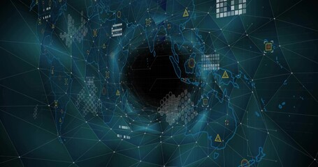 Swirling dark vortex glowing in virtual network, featuring grid lines, continent shapes and icons