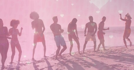 Dancing eight friends wearing swimwear celebrating on sandy shore at sunrise, with heart overlays