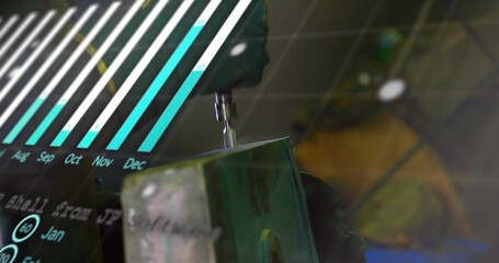Guiding gloved hand steering drill bit into workpiece in workshop vise, with bar chart overlay