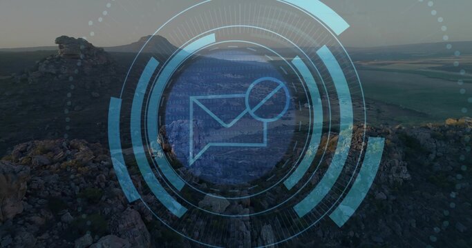 Floating digital overlay displaying mesa aerial view over highland, with HUD envelope icon and code - Powered by Adobe