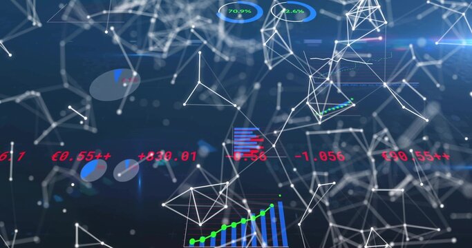 Displaying network linking white nodes with glowing wireframe in interface with pie and bar charts