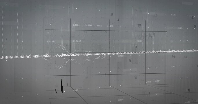 Displaying horizontal dotted waveform line spanning grid plane, with numeric labels and particles