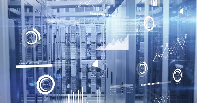 Showing server rack cluster displaying digital analytics at data center, with switches and cabling - Powered by Adobe