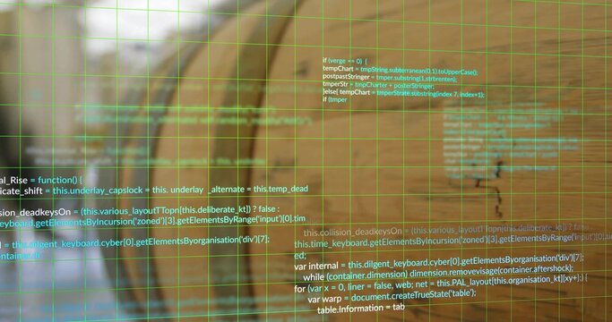 Displaying floating transparent coding interface overlay at desk, with green grid and code snippets - Powered by Adobe