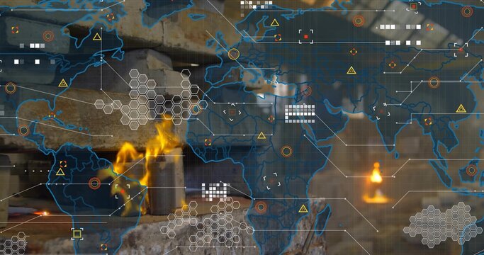 Blue world map overlay hovering above forge hearth in workshop, with hex grids and warning icons
