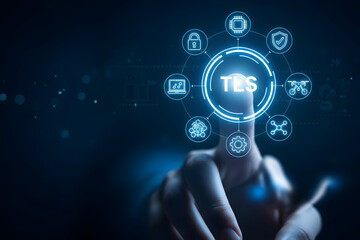 Finger presses glowing digital interface with technology icons and the word tds