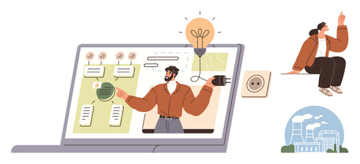Laptop displaying expert explaining energy concepts, flowcharts, light bulb, and plug. Person reflecting, power stations. Ideal for energy saving, education, technology brainstorming