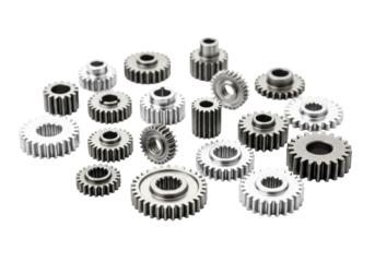 Numerous tiny metallic silver gears, varied sizes, polished to gunmetal, intricate teeth, isolated on transparent, macro close-up, mechanical precision concept.
