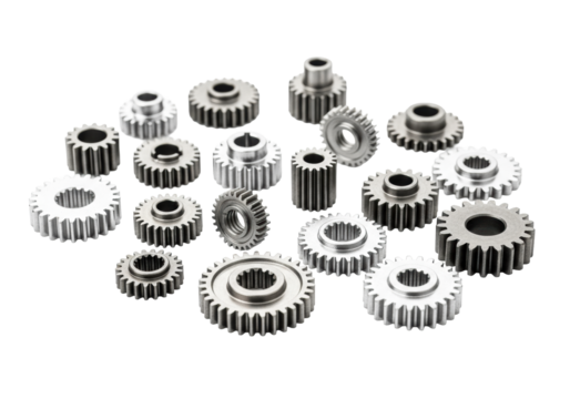 Numerous tiny metallic silver gears, varied sizes, polished to gunmetal, intricate teeth, isolated on transparent, macro close-up, mechanical precision concept.