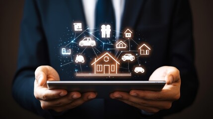 Businessman show hologram futuristic smart home technology concept