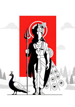 Lord murugan, hindu deity, holding a trident, with a peacock beside him, against a red backdrop