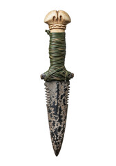 A ceremonial ritual dagger with dull dark obsidian blade, weathered dark green leather handle, and carved bone pommel, isolated on transparent background with copy space, mysterious ancient