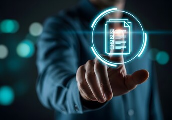 Businessman touching glowing document icon on futuristic digital interface screen