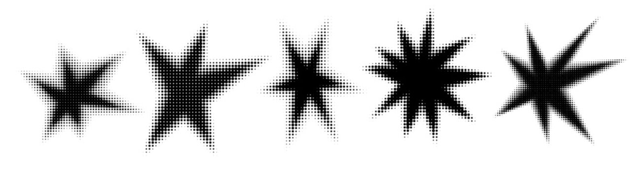 Set of abstract halftone gradient playful shape. Retro spiked circle stickers. Bursting explosion star in retro style