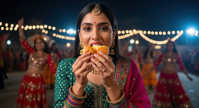 Young indian woman in traditional attire eating a snack during a festive night celebration