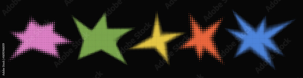 Poster set of abstract halftone multicolor textured shape. retro gradient spiked circle stickers. bursting 
