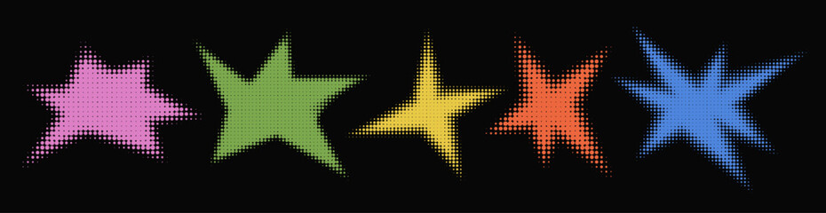 Set of abstract halftone multicolor textured shape. Retro gradient spiked circle stickers. Bursting explosion star.