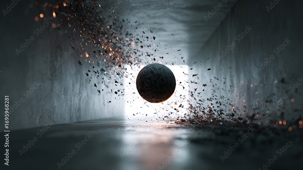 Poster abstract sphere exploding in a concrete tunnel, creating a dynamic and visually striking scene with 