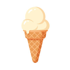 A scoop of vanilla ice cream with a chocolate drizzle melts on a waffle cone