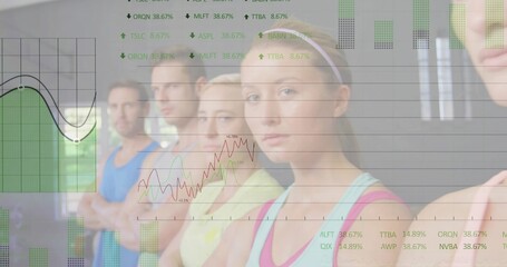 Posing five participants crossing arms and looking at camera in fitness studio with data overlay