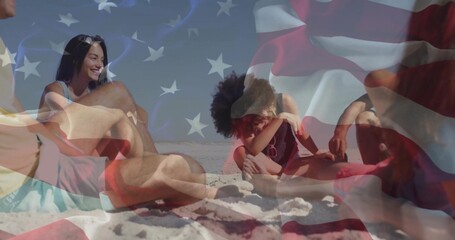 Gathering seven friends sitting on beach towel holding water bottles under American flag overlay