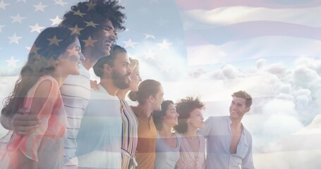 Smiling friends linking arms against cloud formations, with translucent American flag overlay
