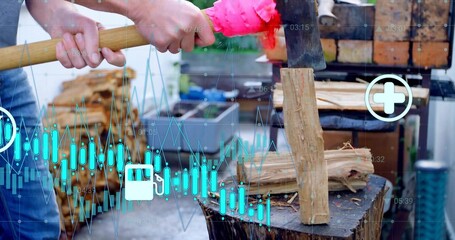 Splitting adult in pants applying axe to log on chopping block in yard, showing data overlays