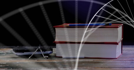 Displaying two red-bound books stacked on studio tabletop with blue pen, compass and calculator