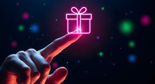Finger touching glowing neon gift box icon with bokeh lights background