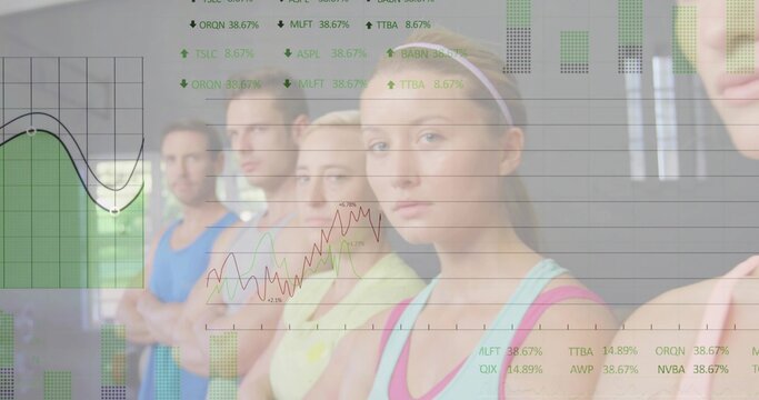 Posing five participants crossing arms and looking at camera in fitness studio with data overlay