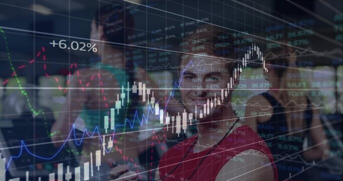 Coworkers dressed formally discussing stock trends in office, smartphones, tablet and chart overlay