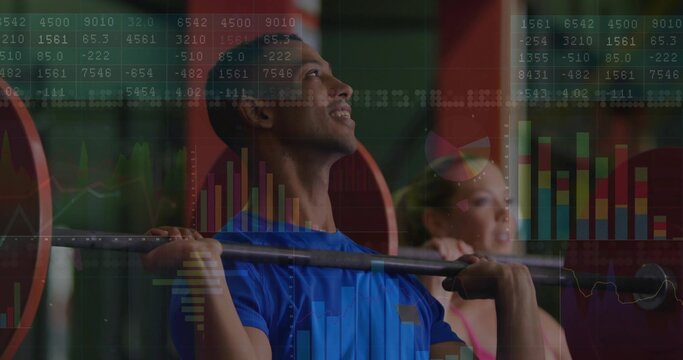 Lifting loaded barbell, Asian male maintaining form in gym squat rack, with data visualizations