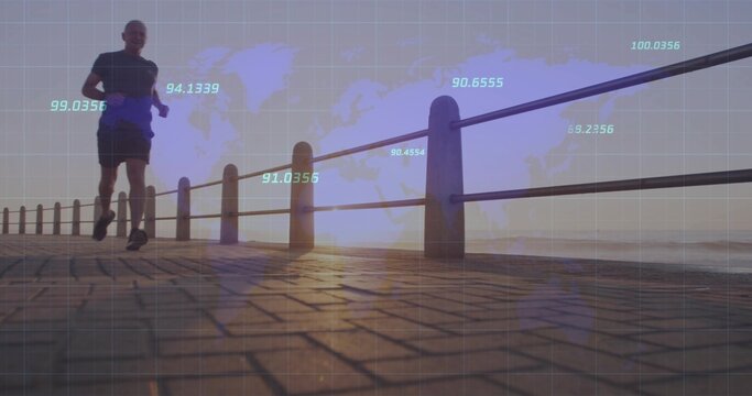 Running senior male jogger along seaside promenade at sunrise, railing and data overlays copy space