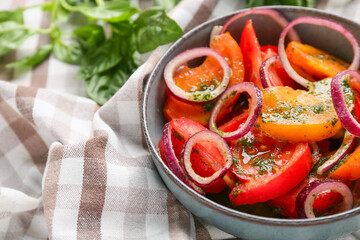 Bowl of fresh tomato salad with red onion on napkin, closeup