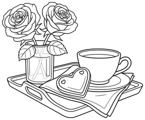 Rose vector illustration with blooming flowers in a glass vase placed on a serving tray alongside a cup of coffee and a heart shaped cookie as a romantic breakfast design