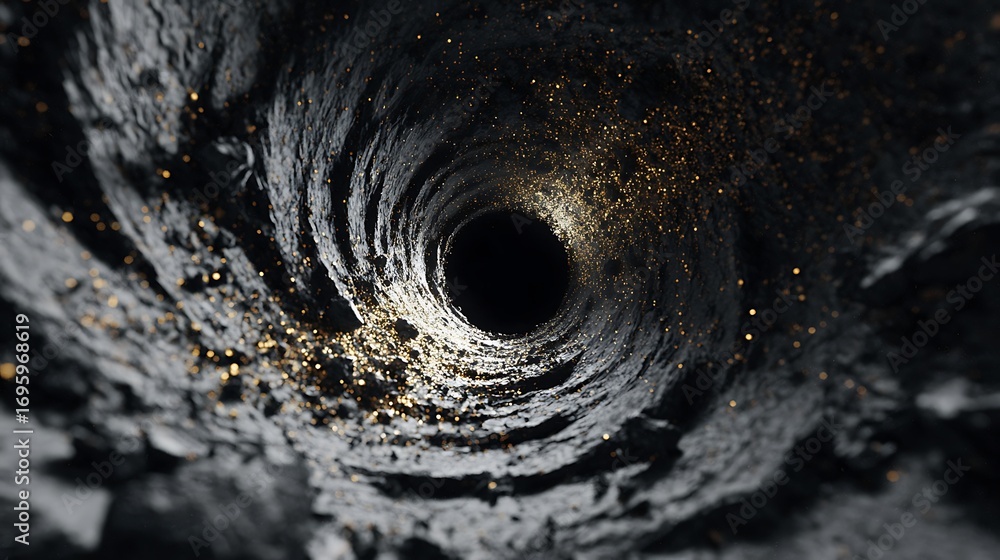 Fototapete abstract dark vortex with golden particles swirling around a black hole, creating a mesmerizing and 