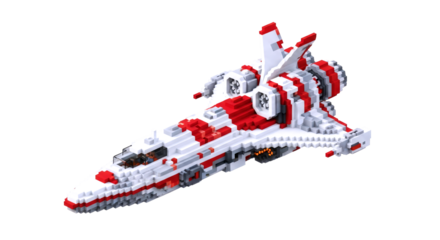 pixelated spaceship red white 3d model for game assets and scifi designs, isolated on transparent background