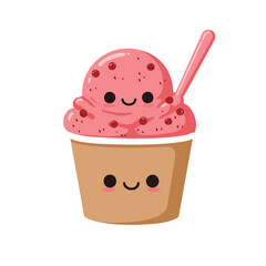 Delicious pink strawberry ice cream in a bowl with a chocolate cone, a sweet dessert for a birthday celebration