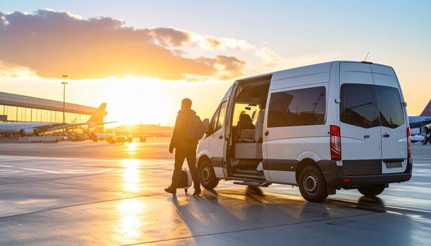 A person loads luggage into a white shuttle van parked on an airport tarmac during a golden sunset with airplanes in the background.