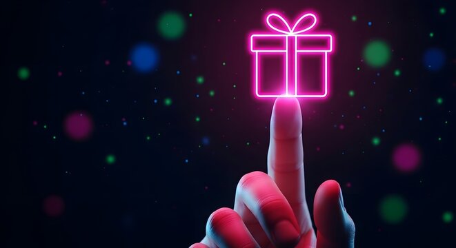 Finger touching a glowing neon pink gift box icon with bokeh lights - Powered by Adobe