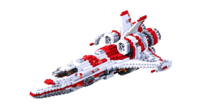 pixelated spaceship red white 3d model for game assets and scifi designs, isolated on transparent background - Powered by Adobe