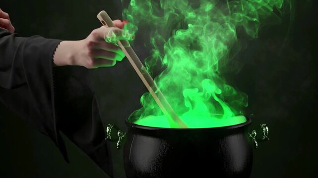 Mystical witch hand stirring glowing green potion inside black cauldron, magical fantasy ritual scene with swirling enchanted smoke, mysterious Halloween spell brewing atmosphere for dark cinematic st