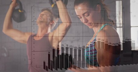 Lifting dumbbells and kettlebells, partners exercising in fitness studio, with bar chart overlay