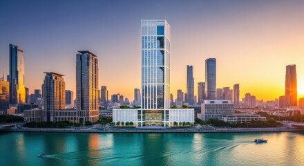 Fototapeta premium Modern Cityscape at Sunset with Skyscrapers and River