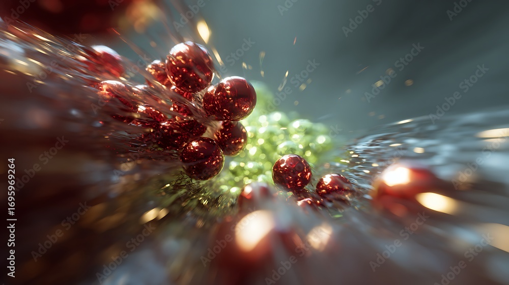 Poster a captivating abstract composition featuring clusters of vibrant red spheres and sparkling particles