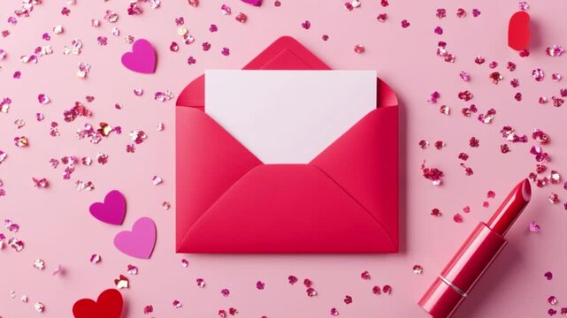 Pink envelope with hearts romantic message love concept, valentines day greeting card design with lipstick and confetti, relationship communication symbol, wedding invitation background, affection emo