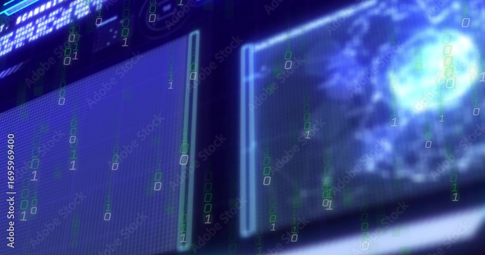 Poster displaying two digital panels streaming binary code in cyber command center, with globe view