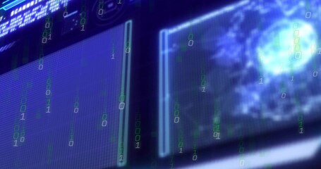 Displaying two digital panels streaming binary code in cyber command center, with globe view