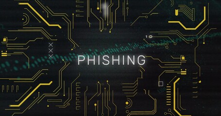 Displaying PHISHING glowing on dark cyber backdrop, with yellow circuit traces and teal-green code